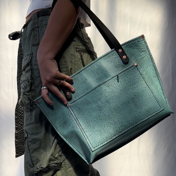 Handmade Turquoise Lether Tote Bag - Picture 3 of 11
